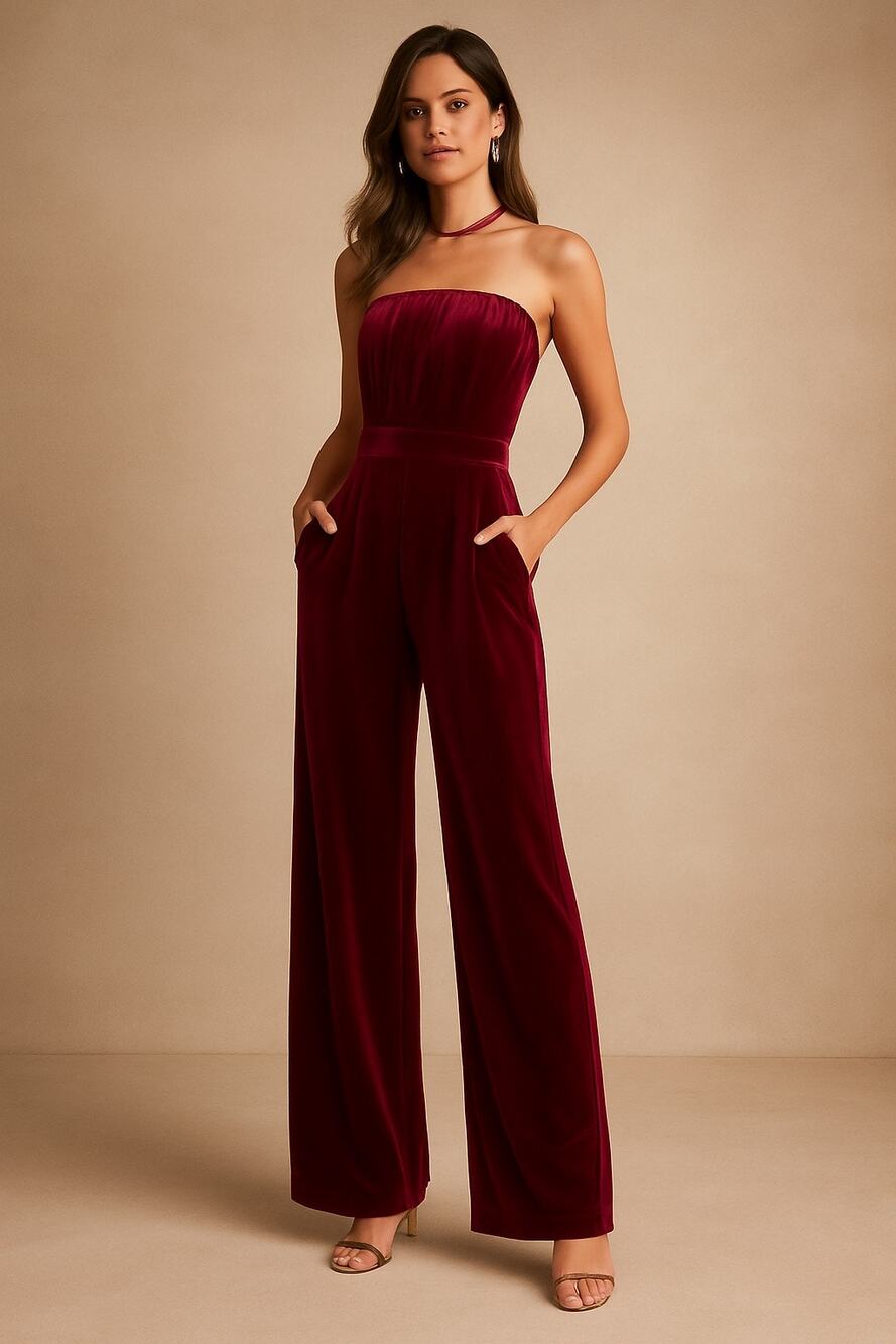 Wine Burgundy Velvet Halter Jumpsuit Wide Leg Pockets Small Evening Chic Party
